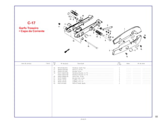 Ref. Qtd.
Item de serviço T.M.O. Nº da peça Descrição Nota Nº de série
Nº C-100
16 90120-046-810 Parafuso, Garfo Tras. ..................................................................... 1 .............. .................... .......................
17 90304-GE8-003 Porca U, 10 mm ............................................................................. 1 .............. .................... .......................
18 90505-425-000 Arruela, 8 mm................................................................................. 1 .............. .................... .......................
19 93411-06010-00 Parafuso Arruela, 6 x 10................................................................. 1 .............. .................... .......................
* 93401-06010-00 Parafuso Arruela, 6 x 10................................................................. 1 .............. .................... .......................
20 94001-08000-0S Porca Sex., 8 mm........................................................................... 1 .............. .................... .......................
21 94101-06000 Arruela Lisa, 6 mm ......................................................................... 2 .............. .................... .......................
22 94201-16150 Cupilha, 1,6 x 15 ............................................................................ 2 .............. .................... .......................
23 94201-20150 Cupilha, 2,0 x 15 ............................................................................ 1 .............. .................... .......................
24 95015-81000 Pino A, Pedal, Apoio ...................................................................... 2 .............. .................... .......................
C-17
Garfo Traseiro
• Capa da Corrente
55
30.06.97
 