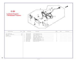 Ref. Qtd.
Item de serviço T.M.O. Nº da peça Descrição Nota Nº de série
Nº C-100
1 33602-GN5-901 Lente, Sinalizador Tras. Dir............................................................ 1 .............. .................... .......................
2 33652-GN5-901 Lente, Sinalizador Tras. Esq. ......................................................... 1 .............. .................... .......................
3 33700-GN5-901 Lanterna Tras,Conj......................................................................... 1 .............. .................... .......................
4 33702-GN5-901 Lente, Comp., Lanterna Tras. ........................................................ 1 .............. .................... .......................
5 33705-GN5-901 Base, Comp., Lanterna Tras. ......................................................... 1 .............. .................... .......................
6 34905-GM9-003 Lâmpada Sinalizador (12V,10 W) .................................................. 2 .............. .................... .......................
7 34906-GB6-921 Lâmpada, Lanterna Tras................................................................ 1 .............. .................... .......................
8 93901-34680 Parafuso Auto-Atarraxante, 4 x 25 ................................................. 2 .............. .................... .......................
9 93901-25310 Parafuso Auto-Atarraxante, 5 x 16 ................................................. 3 .............. .................... .......................
10 94101-05000 Arruela Lisa, 5 mm ......................................................................... 3 .............. .................... .......................
C-20
Lanterna Traseira
• Sinalizador Traseiro
Conj. Lanterna Tras. ..............................................0,3
Base Comp. Lanterna Tras....................................0,4
Lâmpada ...............................................................0,1
(Uma ou Todas)
58
30.06.97
 