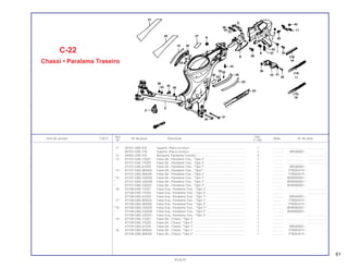 Ref. Qtd.
Item de serviço T.M.O. Nº da peça Descrição Nota Nº de série
Nº C-100
11 84701-GB6-920 Suporte, Placa Licença.................................................................. 1 .............. .................... .......................
84701-GN5-730 Suporte, Placa Licença.................................................................. 1 .............. RRS00001 ~
12 84905-GN5-910 Borracha, Paralama Traseiro ......................................................... 4 .............. .................... .......................
13 87107-GN5-770ZC Faixa Dir., Paralama Tras., *Tipo 3* ............................................... 1 .............. .................... .......................
87107-GN5-770ZD Faixa Dir., Paralama Tras., *Tipo 4* ............................................... 1 .............. .................... .......................
87107-GN5-610ZA Faixa Dir., Paralama Tras., *Tipo 1* ............................................... 1 .............. RRS00001 ~
14 87107-GBG-B00ZA Faixa Dir., Paralama Tras., *Tipo1* ................................................ 1 .............. TTR003419 ~
87107-GBG-B00ZB Faixa Dir., Paralama Tras., *Tipo 2* ............................................... 1 .............. TTR003419 ~
*15 87107-GBG-G00ZA Faixa Dir., Paralama Tras., *Tipo 1* ............................................... 1 .............. WVR000001 ~
* 87107-GBG-G00ZB Faixa Dir., Paralama Tras., *Tipo 2* ............................................... 1 .............. WVR000001 ~
* 87107-GBG-G00ZC Faixa Dir., Paralama Tras., *Tipo 3* ............................................... 1 .............. WVR000001 ~
16 87108-GN5-770ZC Faixa Esq., Paralama Tras., *Tipo 3*.............................................. 1 .............. .................... .......................
87108-GN5-770ZD Faixa Esq., Paralama Tras., *Tipo 4*.............................................. 1 .............. .................... .......................
87108-GN5-610ZA Faixa Esq., Paralama Tras., *Tipo 1*.............................................. 1 .............. RRS00001 ~
17 87108-GBG-B00ZA Faixa Esq., Paralama Tras., *Tipo 1*.............................................. 1 .............. TTR003419 ~
87108-GBG-B00ZB Faixa Esq., Paralama Tras., *Tipo 2*.............................................. 1 .............. TTR003419 ~
*18 87108-GBG-G00ZA Faixa Esq., Paralama Tras., *’Tipo 1*............................................. 1 .............. WVR000001 ~
* 87108-GBG-G00ZB Faixa Esq., Paralama Tras., *Tipo 2*.............................................. 1 .............. WVR000001 ~
* 87108-GBG-G00ZC Faixa Esq., Paralama Tras., *Tipo 3*.............................................. 1 .............. .......................
19 87109-GN5-770ZC Faixa Dir., Chassi, *Tipo 3* ............................................................ 1 .............. .................... .......................
87109-GN5-770ZD Faixa Dir., Chassi, *Tipo 4* ............................................................ 1 .............. .................... .......................
87109-GN5-610ZA Faixa Dir., Chassi, *Tipo 1* ............................................................ 1 .............. RRS00001 ~
20 87109-GBG-B00ZA Faixa Dir., Chassi, *Tipo 1* ............................................................ 1 .............. TTR003419 ~
87109-GBG-B00ZB Faixa Dir., Chassi, *Tipo 2* ............................................................ 1 .............. TTR003419 ~
C-22
Chassi • Paralama Traseiro
61
30.06.97
 