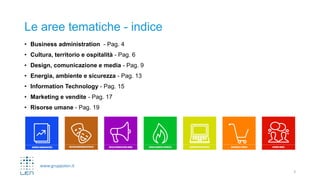 www.gruppolen.it
Le aree tematiche - indice
• Business administration - Pag. 4
• Cultura, territorio e ospitalità - Pag. 6
• Design, comunicazione e media - Pag. 9
• Energia, ambiente e sicurezza - Pag. 13
• Information Technology - Pag. 15
• Marketing e vendite - Pag. 17
• Risorse umane - Pag. 19
3
 