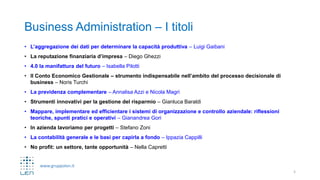 www.gruppolen.it
Business Administration – I titoli
• L’aggregazione dei dati per determinare la capacità produttiva – Luigi Gaibani
• La reputazione finanziaria d’impresa – Diego Ghezzi
• 4.0 la manifattura del futuro – Isabella Pilotti
• Il Conto Economico Gestionale – strumento indispensabile nell’ambito del processo decisionale di
business – Noris Turchi
• La previdenza complementare – Annalisa Azzi e Nicola Magri
• Strumenti innovativi per la gestione del risparmio – Gianluca Baraldi
• Mappare, implementare ed efficientare i sistemi di organizzazione e controllo aziendale: riflessioni
teoriche, spunti pratici e operativi – Gianandrea Gori
• In azienda lavoriamo per progetti – Stefano Zoni
• La contabilità generale e le basi per capirla a fondo – Ippazia Cappilli
• No profit: un settore, tante opportunità – Nella Capretti
5
 