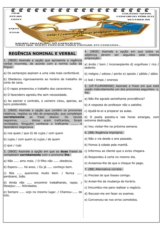 100 EXERCÍCIOS DE REGÊNCIA NOMINAL E VERBAL | PDF