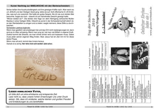 Pfarramt Tel.: 037298 / 1 24 93 · Fax: 1 24 06Pfarramt Tel.: 037298 / 1 24 93 · Fax: 1 24 06
Kurzer Nachtrag zur BIBELWOCHE mit den Marienschwestern
Sicher ließen ihre Ausdrucksfähigkeit und ihre geistigen Kräfte nach. Aber wenn es
um JESUS und den Heiligen Geist ging, lebte sie auf. Gott offenbarte ihr oft Einbli-
cke, was auf uns zukommt. Sie hatte ein gutes Gespür. Als ich sie zum letzten Mal
besuchte, fragte sie mich - obwohl ich ein lächelndes Gesicht gezeigt hatte:
“Woran leidest du?”. Die letzten drei Tage vor dem Heimgang verbrachte Mutter
Basilea in einer heiligen Stille. Obwohl es sonst in der Schwesternschaft üblich ist,
an den Sterbebetten zu singen und zu beten, wagte niemand, diese Stille zu durch-
brechen.
Schwester Laeticia ergänzte:
Wenn man geistlich viel empfangen hat und das ICH nicht niedergerungen ist, dann
wird es im Alter schwierig.Wenn man jung ist, hat man viel Willen in eigener Kraft.
Zuletzt kommt die Strecke, wo man immer ärmer wird und loslassen muss. Dabei
muss jeder seinen eigenen Weg finden. Aber Jesus hat ein Ziel mit mir für diese
letzte Phase.
Wenn man alt wird, kommt das Innere heraus.
LIEBER HIMMLISCHER VATER,
ich bitte dich um eine erholsame und entspannte Zeit.
Lass nicht zu, dass unsere hohen Erwartungen uns unter Druck
setzen. Gib, dass ich entdecke, welche kleinen und großen Freuden
und Entdeckungen du uns bereithältst.
65
Deshalb ist es wichtig: Herr lehre mich echt werden! Jetzt schon.
 
