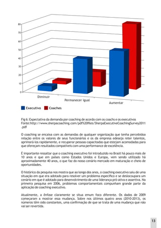 Fig 6: Expectativa da demanda por coaching de acordo com os coachs e os executivos
Fonte:http://www.sherpacoaching.com/pdf%20ﬁles/SherpaExecutiveCoachingSurvey2011
.pdf
O coaching se encaixa com as demandas de qualquer organização que tenha percebidoa
relação entre os valores de seus funcionários e os da empresa edeseja reter talentos,
aprimorá-los rapidamente, e recuperar pessoas capacitadas que estejam acomodadas para
que ofereçam resultados compatíveis com uma performance de excelência.
É importante ressaltar que o coaching executivo foi introduzido no Brasil há pouco mais de
10 anos e que em países como Estados Unidos e Europa, vem sendo utilizado há
aproximadamente 40 anos, o que faz do nosso cenário mercado em maturação e cheio de
oportunidades.
O histórico da pesquisa nos mostra que ao longo dos anos, o coaching executivo saiu de uma
situação em que era adotado para resolver um problema especíﬁco e se deslocoupara um
cenário em que é adotado para desenvolvimento de uma liderança pró-ativa e assertiva. Na
primeira pesquisa em 2006, problemas comportamentais compunham grande parte da
aplicação de coaching executivo.
Atualmente, a ênfase claramente se situa emum foco diferente. Os dados de 2009
começaram a mostrar essa mudança. Sobre nos últimos quatro anos (2010-2013), os
números têm sido constantes, uma conﬁrmação de que se trata de uma mudança que não
vai ser revertida.
Diminuir
Permanecer igual
Aumentar
Executivo Coaches
0
10
20
30
40
50
60
70
80
13
 