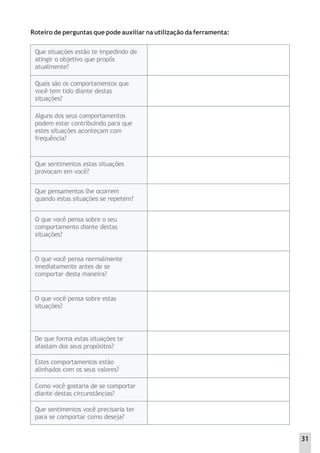 Roteiro de perguntas que pode auxiliar na utilização da ferramenta:
Que situações estão te impedindo de
atingir o objetivo que propôs
atualmente?
Quais são os comportamentos que
você tem tido diante destas
situações?
Alguns dos seus comportamentos
podem estar contribuindo para que
estes situações aconteçam com
frequência?
Que sentimentos estas situações
provocam em você?
Que pensamentos lhe ocorrem
quando estas situações se repetem?
O que você pensa sobre o seu
comportamento diante destas
situações?
O que você pensa normalmente
imediatamente antes de se
comportar desta maneira?
O que você pensa sobre estas
situações?
De que forma estas situações te
afastam dos seus propósitos?
Estes comportamentos estão
alinhados com os seus valores?
Como você gostaria de se comportar
diante destas circunstâncias?
Que sentimentos você precisaria ter
para se comportar como deseja?
31
 