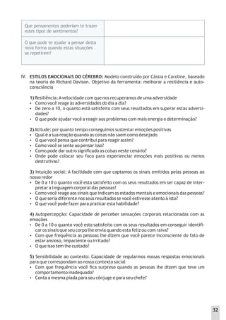 Que pensamentos poderiam te trazer
estes tipos de sentimentos?
O que pode te ajudar a pensar desta
nova forma quando estas situações
se repetirem?
ESTILOS EMOCIONAIS DO CÉREBRO: Modelo construído por Cássia e Caroline, baseado
na teoria de Richard Davison. Objetivo da ferramenta: melhorar a resiliência e auto-
consciência
1) Resiliência:Avelocidade com que nos recuperamos de uma adversidade
 Como você reage às adversidades do dia a dia?
 De zero a 10, o quanto está satisfeito com seus resultados em superar estas adversi-
dades?
 O que pode ajudar você a reagir aos problemas com mais energia e determinação?
2)Atitude: por quanto tempo conseguimos sustentar emoções positivas
 Qual é a sua reação quando as coisas não saem como desejado
 O que você pensa que contribui para reagir assim?
 Como você se sente ao pensar isso?
 Como pode dar outro signiﬁcado as coisas neste cenário?
 Onde pode colocar seu foco para experienciar emoções mais positivas ou menos
destrutivas?
3) Intuição social: A facilidade com que captamos os sinais emitidos pelas pessoas ao
nosso redor
 De 0 a 10 o quanto você esta satisfeito com os seus resultados em ser capaz de inter-
pretar a linguagem corporal das pessoas?
 Como você reage aos sinais que indicam os estados mentais e emocionais das pessoas?
 O que seria diferente nos seus resultados se você estivesse atento à isto?
 O que você pode fazer para praticar esta habilidade?
4) Autopercepção: Capacidade de perceber sensações corporais relacionadas com as
emoções
 De 0 a 10 o quanto você esta satisfeito com os seus resultados em conseguir identiﬁ-
car os sinais que seu corpo lhe envia quando esta feliz ou com raiva?
 Com que frequência as pessoas lhe dizem que você parece inconsciente do fato de
estar ansioso, impaciente ou irritado?
 O que isso tem lhe custado?
5) Sensibilidade ao contexto: Capacidade de regularmos nossas respostas emocionais
para que correspondam ao nosso contexto social
 Com que frequência você ﬁca surpreso quando as pessoas lhe dizem que teve um
comportamento inadequado?
 Conta a mesma piada para seu cônjuge e para seu chefe?
IV.
32
 
