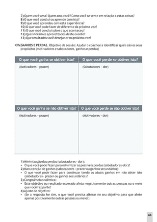 7) Quem você ama? Quem ama você? Como você se sente em relação a estas coisas?
8) O que você conclui ou aprende com isto?
9) O que você aprendeu com esta experiência?
10) O que você pode fazer de diferente da próxima vez?
11) O que você conclui sobre o que aconteceu?
12) Quais foram os aprendizados deste evento?
13) Que resultados você deseja ter na próxima vez?
GANHOS E PERDAS. Objetivo da sessão: Ajudar o coachee a identiﬁcar quais são os seus
propósitos (motivadores e sabotadores, ganhos e perdas)
XXIV.
O que você ganha se obtiver isto? O que você perde se obtiver isto?
O que você ganha se não obtiver isto? O que você perde se não obtiver isto?
(Motivadores - prazer) (Sabotadores - dor)
(Motivadores - prazer) (Motivadores - dor)
1) Minimização das perdas (sabotadores - dor):
 O que você pode fazer para minimizar as possíveis perdas (sabotadores-dor)?
2) Manutenção de ganhos (sabotadores - prazer ou ganhos secundários):
 O que você pode fazer para continuar tendo os atuais ganhos em não obter isto
(sabotadores - prazer ou ganhos secundários)?
3) Congruência sistêmica:
 Este objetivo ou resultado esperado afeta negativamente outras pessoas ou o meio
que você faz parte?
4)Ajuste de objetivo:
 (Se a resposta for sim, o que você precisa alterar no seu objetivo para que afete
apenas positivamente outras pessoas ou meio?)
44
 