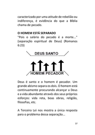37
caracterizado por uma atitude de rebelião ou
indiferença, é evidência do que a Bíblia
chama de pecado.
O HOMEM ESTÁ SEPARADO
"Pois o salário do pecado é a morte..."
(separação espiritual de Deus) (Romanos
6:23)
Deus é santo e o homem é pecador. Um
grande abismo separa os dois. O homem está
continuamente procurando alcançar a Deus
e a vida abundante através dos seus próprios
esforços: vida reta, boas obras, religião,
filosofias, etc.
A Terceira Lei nos mostra a única resposta
para o problema dessa separação...
 