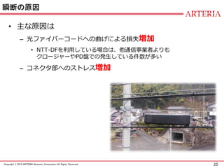 25Copyright © 2015 ARTERIA Networks Corporation All Rights Reserved.
瞬断の原因
• 主な原因は
– 光ファイバーコードへの曲げによる損失増加
• NTT-DFを利用している場合は、他通信事業者よりも
クロージャーやPD盤での発生している件数が多い
– コネクタ部へのストレス増加
 