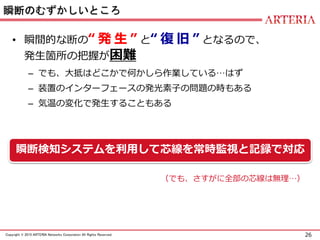 26Copyright © 2015 ARTERIA Networks Corporation All Rights Reserved.
瞬断のむずかしいところ
• 瞬間的な断の“ 発 生 ” と“ 復 旧 ” となるので、
発生箇所の把握が困難
– でも、大抵はどこかで何かしら作業している…はず
– 装置のインターフェースの発光素子の問題の時もある
– 気温の変化で発生することもある
瞬断検知システムを利用して芯線を常時監視と記録で対応
（でも、さすがに全部の芯線は無理…）
 