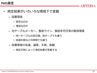 37Copyright © 2015 ARTERIA Networks Corporation All Rights Reserved.
PMD測定
• 測定結果がいろいろな環境下で変動
– 設置環境
• 架空なのか
• 埋設なのか
– 光ケーブルメーカー、製造ライン、製造年月日等の製造環境
• 同一ケーブルの別芯線、別テープでも違う
• 経過年数などの時間でも違う
– 設置環境の気温、温度、天候、振動
• 測定日時によって測定結果が変動する
 