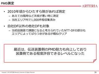 39Copyright © 2015 ARTERIA Networks Corporation All Rights Reserved.
PMD測定
• 2010年頃からひたすら隙があれば測定
– あえて台風時など天候が悪い時に測定
– 当社エリア内で1,000件程収集済み
• 自社DF以外の他社DFも対象
– 当初品質面で課題になると考えられていたNTT-DFの部分も
エリアによってばらつきがあるが概ねクリア
最近は、伝送装置側のPMD耐力も向上しており
装置側である程度許容できるレベルになった
 