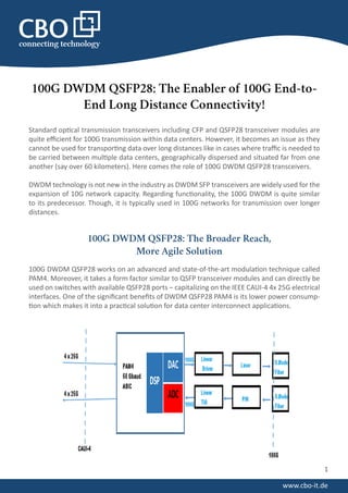 100G DWDM QSFP28: The Enabler of 100G End-to-
End Long Distance Connectivity!
Standard optical transmission transceivers including CFP and QSFP28 transceiver modules are
quite efficient for 100G transmission within data centers. However, it becomes an issue as they
cannot be used for transporting data over long distances like in cases where traffic is needed to
be carried between multiple data centers, geographically dispersed and situated far from one
another (say over 60 kilometers). Here comes the role of 100G DWDM QSFP28 transceivers.
DWDM technology is not new in the industry as DWDM SFP transceivers are widely used for the
expansion of 10G network capacity. Regarding functionality, the 100G DWDM is quite similar
to its predecessor. Though, it is typically used in 100G networks for transmission over longer
distances.
100G DWDM QSFP28: The Broader Reach,
More Agile Solution
100G DWDM QSFP28 works on an advanced and state-of-the-art modulation technique called
PAM4. Moreover, it takes a form factor similar to QSFP transceiver modules and can directly be
used on switches with available QSFP28 ports – capitalizing on the IEEE CAUI-4 4x 25G electrical
interfaces. One of the significant benefits of DWDM QSFP28 PAM4 is its lower power consump-
tion which makes it into a practical solution for data center interconnect applications.
1
www.cbo-it.de
 