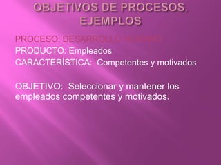 PROCESO: DESARROLLO HUMANO
PRODUCTO: Empleados
CARACTERÍSTICA: Competentes y motivados
OBJETIVO: Seleccionar y mantener los
empleados competentes y motivados.
 