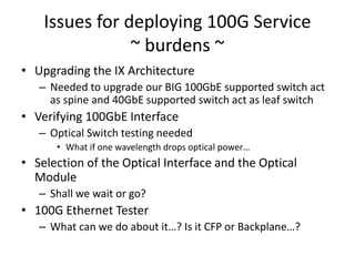 Issues for deploying 100G Service
~ burdens ~
• Upgrading the IX Architecture
– Needed to upgrade our BIG 100GbE supported switch act
as spine and 40GbE supported switch act as leaf switch
• Verifying 100GbE Interface
– Optical Switch testing needed
• What if one wavelength drops optical power…
• Selection of the Optical Interface and the Optical
Module
– Shall we wait or go?
• 100G Ethernet Tester
– What can we do about it…? Is it CFP or Backplane…?
 
