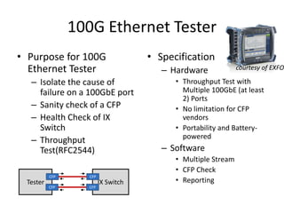 100G Ethernet Tester
• Purpose for 100G
Ethernet Tester
– Isolate the cause of
failure on a 100GbE port
– Sanity check of a CFP
– Health Check of IX
Switch
– Throughput
Test(RFC2544)
• Specification
– Hardware
• Throughput Test with
Multiple 100GbE (at least
2) Ports
• No limitation for CFP
vendors
• Portability and Battery-
powered
– Software
• Multiple Stream
• CFP Check
• ReportingTester IX Switch
CFP
CFP
CFP
CFP
courtesy of EXFO
 