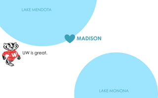LAKE MENDOTA
LAKE MONONA
MADISON
UW is great.
 
