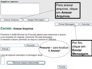 Para anexar arquivos, clique em  Anexar Arquivos. Por fim, clique em  Enviar Mensagem. Procurar  – para localizar. E  Anexar ! 