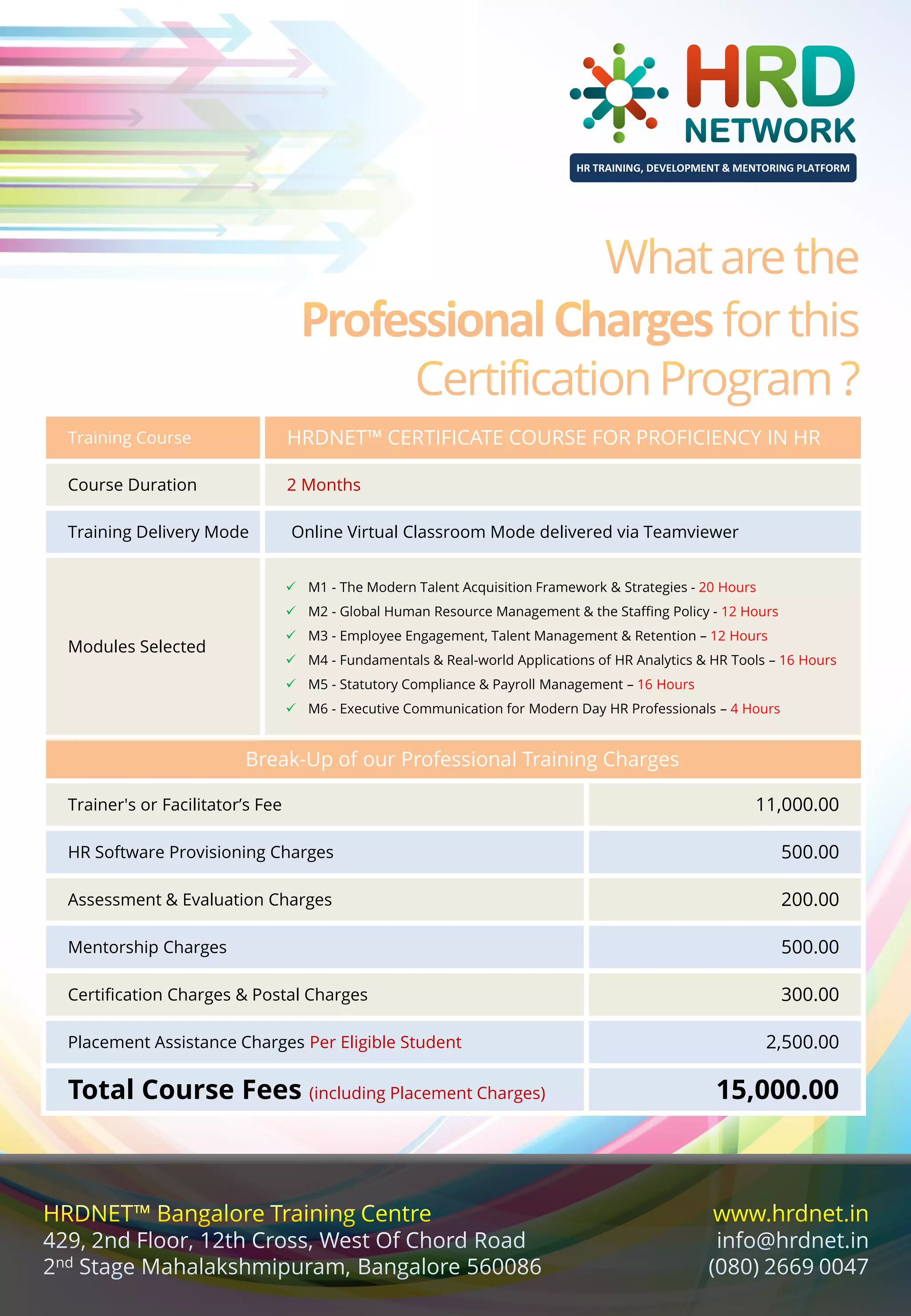 HR TRAINING, DEVELOPMENT & MENTORING PLATFORM

Training Course

HRDNET™ CERTIFICATE COURSE FOR PROFICIENCY IN HR

Course Duration

2 Months

Training Delivery Mode

Online Virtual Classroom Mode delivered via Teamviewer
 M1 - The Modern Talent Acquisition Framework & Strategies - 20 Hours
 M2 - Global Human Resource Management & the Staffing Policy - 12 Hours
 M3 - Employee Engagement, Talent Management & Retention – 12 Hours

Modules Selected

 M4 - Fundamentals & Real-world Applications of HR Analytics & HR Tools – 16 Hours
 M5 - Statutory Compliance & Payroll Management – 16 Hours
 M6 - Executive Communication for Modern Day HR Professionals – 4 Hours

Break-Up of our Professional Training Charges
Trainer's or Facilitator’s Fee

11,000.00

HR Software Provisioning Charges

500.00

Assessment & Evaluation Charges

200.00

Mentorship Charges

500.00

Certification Charges & Postal Charges

300.00

Placement Assistance Charges Per Eligible Student

Total Course Fees (including Placement Charges)

2,500.00

15,000.00

 