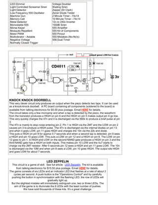 LED Dimmer
Light Controlled Screamer Siren
Light Detector
Low Frequency 555 Oscillator
Machine Gun
Memory Cell
Metal Detector
Monostable 555
Morse Keyer
Mosquito Repellent
Motor PWM
Multivibrator - Astable
Negative Voltage
Normally Closed Trigger
Voltage Doubler
Wailing Siren
Zapper (Dr Clark)
Zener Diode Tester
2 Minute Timer - 74c14
10 Minute Timer - 74c14
12v to 240v Inverter
100dB Siren
555 Amplifier
555 Kit of Components
555 Pinout
555 Mistakes (No-No's)
556 Dual Timer
KNOCK KNOCK DOORBELL
This very clever circuit only produces an output when the piezo detects two taps. It can be used
as a knock-knock doorbell. A PC board containing all components (soldered to the board) is
available from talking electronics for $5.00 plus postage. Email HERE for details.
The circuit takes only a few microamp and when a tap is detected by the piezo, the waveform
from the transistor produces a HIGH on pin 6 and the HIGH on pin 5 makes output pin 4 go low.
This very quickly charges the 47n and it is discharged via the 560k to produce a brief pulse at pin
3.
The 47n is mainly to stop noise entering pin 2. Pin 1 is HIGH via the 2M7 and the LOW on pin 2
causes pin 3 to produce a HIGH pulse. The 47n is discharged via the internal diodes on pin 13
and when it goes LOW, pin 11 goes HIGH and charges the 10n via the 22k and diode.
This puts a HIGH on pin 8 for approx 0.7 seconds and when a second tap is detected, pin 9 sees
a HIGH and pin 10 goes LOW. This puts a LOW on pin 12 and a HIGH on pin 8. The LOW on pin
12 goes to pin 1. A HIGH and LOW on the second NAND gate produces a HIGH on pin 3 and the
third NAND gate has a HIGH on both inputs. This makes pin 10 LOW and the 4u7 starts to
charge via the 2M7 resistor. After 5 seconds pin 12 sees a HIGH and pin 11 goes LOW. The 10n
is discharged via the 10M and when pin 8 sees a LOW, pin 10 goes HIGH. The output sits HIGH
and goes LOW for about 7 seconds.
LED ZEPPELIN
This circuit is a game of skill. See full article: LED Zeppelin. The kit is available
from talking electronics for $15.50 plus postage. Email HERE for details.
The game consists of six LEDs and an indicator LED that flashes at a rate of about 2
cycles per second. A push button is the "Operations Control" and by carefully
pushing the button in synchronisation with the flashing LED, the row of LEDs will
gradually light up.
But the slightest mistake will immediately extinguish one, two or three LEDs. The
aim of the game is to illuminate the 6 LEDs with the least number of pushes.
We have sold thousands of these kits. It's a great challenge.
 