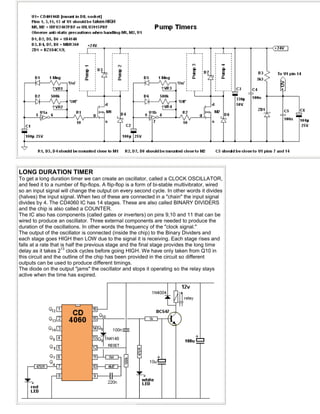 LONG DURATION TIMER
To get a long duration timer we can create an oscillator, called a CLOCK OSCILLATOR,
and feed it to a number of flip-flops. A flip-flop is a form of bi-stable multivibrator, wired
so an input signal will change the output on every second cycle. In other words it divides
(halves) the input signal. When two of these are connected in a "chain" the input signal
divides by 4. The CD4060 IC has 14 stages. These are also called BINARY DIVIDERS
and the chip is also called a COUNTER.
The IC also has components (called gates or inverters) on pins 9,10 and 11 that can be
wired to produce an oscillator. Three external components are needed to produce the
duration of the oscillations. In other words the frequency of the "clock signal."
The output of the oscillator is connected (inside the chip) to the Binary Dividers and
each stage goes HIGH then LOW due to the signal it is receiving. Each stage rises and
falls at a rate that is half the previous stage and the final stage provides the long time
delay as it takes 2
13
clock cycles before going HIGH. We have only taken from Q10 in
this circuit and the outline of the chip has been provided in the circuit so different
outputs can be used to produce different timings.
The diode on the output "jams" the oscillator and stops it operating so the relay stays
active when the time has expired.
 