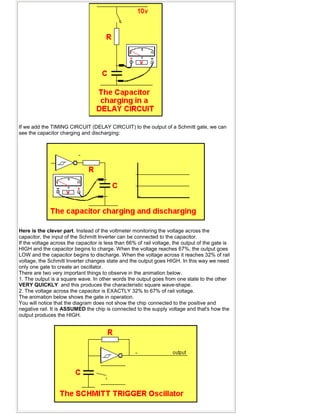 If we add the TIMING CIRCUIT (DELAY CIRCUIT) to the output of a Schmitt gate, we can
see the capacitor charging and discharging:
Here is the clever part. Instead of the voltmeter monitoring the voltage across the
capacitor, the input of the Schmitt Inverter can be connected to the capacitor.
If the voltage across the capacitor is less than 66% of rail voltage, the output of the gate is
HIGH and the capacitor begins to charge. When the voltage reaches 67%, the output goes
LOW and the capacitor begins to discharge. When the voltage across it reaches 32% of rail
voltage, the Schmitt Inverter changes state and the output goes HIGH. In this way we need
only one gate to create an oscillator.
There are two very important things to observe in the animation below.
1. The output is a square wave. In other words the output goes from one state to the other
VERY QUICKLY and this produces the characteristic square wave-shape.
2. The voltage across the capacitor is EXACTLY 32% to 67% of rail voltage.
The animation below shows the gate in operation.
You will notice that the diagram does not show the chip connected to the positive and
negative rail. It is ASSUMED the chip is connected to the supply voltage and that's how the
output produces the HIGH.
 
