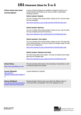 101 Classroom Ideas for 1-to-1
School canteen plan series          A range of learning objects are available on DigiLearn that focus on
                                    school canteens and enable you to use your skills in mathematics
Learning Objects:
                                    including numeracy.
                                    School canteen: Restock
                                    You are in charge of the school canteen. Stocks are low. Use the online
                                    list to go shopping!
                                    http://www.eduweb.vic.gov.au/dlrcontent/4c31393331/index.html


                                    School canteen: Best buy
                                    You are in charge of the school canteen. Stocks are low. Use the online
                                    list to go shopping and get the best buys.
                                    http://www.eduweb.vic.gov.au/dlrcontent/4c31393238/index.html


                                    School canteens: Two traders
                                    You are in charge of the school canteen. Stocks are low. The shop sells
                                    to two different traders. You have to select the cheapest trader for each
                                    item on your shopping list.
                                    http://www.eduweb.vic.gov.au/dlrcontent/4c31393239/index.html


                                    School canteen: Estimate and check
                                    The online shop sells to two traders. You have to estimate which trader
                                    gives you the cheapest deal.
                                    http://www.eduweb.vic.gov.au/dlrcontent/4c31393330/index.html


School History                      This site includes online lessons, free downloads, interactivities as well
                                    as interactive games and quizzes.
http://www.schoolhistory.co.uk/


Schools Wikipedia                   A great wikipedia for students!
http://schools-
wikipedia.org/wp/index/subject.ht
m


Science WebQuest                    Studying biology? Want to learn more about the different types of
www.glencoe.com/sec/science/we      worms and other invertebrates? This is the webquest for you.
bquest/content/wormclass.shtml




DRAFT
 