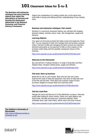 101 Classroom Ideas for 1-to-1
The Business and enterprise
catalogue has many learning
                                   Explore the complexities of a trading market and, at the same time,
objects that reflect the
                                   build skills in buying and selling and their understanding of how markets
descriptions of learning and
                                   work.
develop the dimensions
elaborated in the National
Consumer and Financial
Literacy Framework.
                                   Business and enterprise catalogue: Fish market
                                   Working in a commerce (business) setting, you will deal with budgets,
                                   decision-making, markets, prices, costs, risk management, supply and
                                   demand.
                                   Learning Objects:
                                   Your goal is to find and purchase the highly prized and expensive 'Fizzer
                                   fish'. You are required to order and manage stock and process customer
                                   orders. Payment of bills and managing the bank account are important
                                   elements particularly as non-payment of bills on time impacts on the
                                   business credit rating with the possible consequent closure of the
                                   business.
                                   http://www.eduweb.vic.gov.au/dlrcontent/4c32353734/index.html


                                   Welcome to the fishmarket
                                   Buy and sell fish in trading markets in a range of Australian and New
                                   Zealand cities. Compare market prices, supply and demand.
                                   http://www.eduweb.vic.gov.au/dlrcontent/4c373638/index.html


                                   Fish tank: Start up business
                                   Breed fish to sell at a pet market. Start with two fish and a tank.
                                   Examine the costs of food and equipment. Buy items to help take care
                                   of the fish and the tank. Think about the business impact of each
                                   purchase. Budget to increase stock and maximise profit.
                                   http://www.eduweb.vic.gov.au/dlrcontent/4c373730/index.html


                                   Fish biz: Cash flow
                                   Manage the stock and finances of a fish distribution company. Maximise
                                   profits after trading for three months. Check your bank balance and
                                   stock levels. Pay bills and keep your customers satisfied. Order
                                   wholesale stock, take retail orders, deliver stock and issue invoices.
                                   http://www.eduweb.vic.gov.au/dlrcontent/4c35323033/index.html


The Children's University of
Manchester
http://www.childrensuniversity.m
anchester.ac.uk/




DRAFT
 