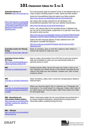101 Classroom Ideas for 1-to-1
Australian Bureau of                 Go to the education page for students to look at real statistical data on a
Statistics http://www.abs.gov.au     range of topics including projects on water, games and data analysis.
                                     Access the CensusAtSchool data and explore your fellow students.
                                     http://www.abs.gov.au/websitedbs/cashome.nsf/Home/Home
                                     Get random data samples selected from all individuals in the
http://www.abs.gov.au/websitedb
                                     CensusAtSchool population that meet your selected characteristics.
s/cashome.nsf/51c9a3d36edfd0df
ca256acb00118404/958e7b15951         http://www.cas.abs.gov.au/cgi-local/cassampler.pl
8abe0ca2572fe001e2ad8!
                                     Access real, relevant data fro the Australian Bureau of Statistics that
OpenDocument
                                     you can use for school projects, assignments or to just learn more about
                                     the world in which you live.
                                     http://www.abs.gov.au/websitedbs/cashome.nsf/4a256353001af3ed4b2
                                     562bb00121564/f07f70de4c78f389ca2572fe001e58b3!OpenDocument
                                     Explore the plain language glossary of basic statistical terms with
                                     descriptions, examples and diagrams.
                                     http://www.abs.gov.au/AUSSTATS/abs@.nsf/mf/1332.0.55.002?
                                     OpenDocument
Australian Centre for Moving         Watch an animation, game or short film created by other children in
Image                                Victoria! Get inspired to create your own!
www.acmi.net.au/video_kids.htm


Australian Screen Online -           Want to create a documentary? Go to DIY Doco to get some practical
DIY Doco                             skills and knowledge to create your own documentary based on a
http://www.screenaustralia.gov.a     particular person or event.
u/learning/diydoco/default.htm

BBC                                  Studying internet safety. Discuss the issues and create a ‘zook’ as one
www.bbc.co.uk/cbbc/bamzooki/         way of keeping your identity private on the internet. Download the free
                                     ‘zook kit’ and create your own character. Compare your ‘zook’ to those
                                     created by others!


BBC                                  Watch animations, videos, take a virtual tour and play games related to
www.bbc.co.uk/history/interactive    historical topics.
/

BBC                                  What’s your favourite object? Why is it special to you? Photograph and
www.bbc.co.uk/wales/audiovideo/      write about it. You could include it in a blog post. Create a short video of
sites/galleries/pages/schoolshoeb    you talking about your favourite object. Watch these videos from Wales
ox.shtml                             for some great ideas.


BBC- Advertising and                 Obtain a fascinating insight into the social attitudes during World War 2
Information Posters Gallery          by viewing magazine illustrations, advertisements and government
http://www.bbc.co.uk/history/briti   information posters, published during this time.
sh/britain_wwtwo/war_adverts_g
allery.shtml


BBC – Bitesize
http://www.bbc.co.uk/schools/ks2
bitesize/science/




DRAFT
 