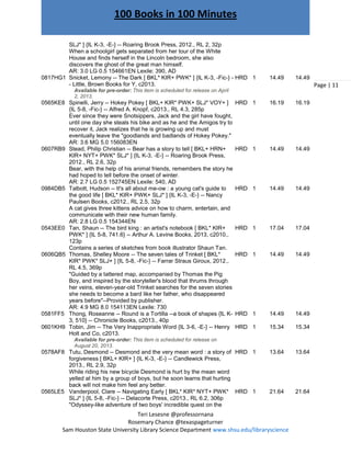 Teri Lesesne @professornana
Rosemary Chance @texaspageturner
Sam Houston State University Library Science Department www.shsu.edu/libraryscience
100 Books in 100 Minutes
Page | 11
SLJ* ] {IL K-3, -E-} -- Roaring Brook Press, 2012., RL 2, 32p
When a schoolgirl gets separated from her tour of the White
House and finds herself in the Lincoln bedroom, she also
discovers the ghost of the great man himself.
AR: 3.0 LG 0.5 154661EN Lexile: 390, AD
0817HG1 Snicket, Lemony -- The Dark [ BKL* KIR+ PWK* ] {IL K-3, -Fic-} -
- Little, Brown Books for Y, c2013.
HRD 1 14.49 14.49
Available for pre-order: This item is scheduled for release on April
2, 2013.
0565KE8 Spinelli, Jerry -- Hokey Pokey [ BKL+ KIR* PWK+ SLJ* VOY+ ]
{IL 5-8, -Fic-} -- Alfred A. Knopf, c2013., RL 4.3, 285p
Ever since they were Snotsippers, Jack and the girl have fought,
until one day she steals his bike and as he and the Amigos try to
recover it, Jack realizes that he is growing up and must
eventually leave the "goodlands and badlands of Hokey Pokey."
AR: 3.6 MG 5.0 156083EN
HRD 1 16.19 16.19
0607RB9 Stead, Philip Christian -- Bear has a story to tell [ BKL+ HRN+
KIR+ NYT+ PWK* SLJ* ] {IL K-3, -E-} -- Roaring Brook Press,
2012., RL 2.6, 32p
Bear, with the help of his animal friends, remembers the story he
had hoped to tell before the onset of winter.
AR: 2.7 LG 0.5 152745EN Lexile: 540, AD
HRD 1 14.49 14.49
0984DB5 Talbott, Hudson -- It's all about me-ow : a young cat's guide to
the good life [ BKL* KIR+ PWK+ SLJ* ] {IL K-3, -E-} -- Nancy
Paulsen Books, c2012., RL 2.5, 32p
A cat gives three kittens advice on how to charm, entertain, and
communicate with their new human family.
AR: 2.8 LG 0.5 154344EN
HRD 1 14.49 14.49
0543EE0 Tan, Shaun -- The bird king : an artist's notebook [ BKL* KIR+
PWK* ] {IL 5-8, 741.6} -- Arthur A. Levine Books, 2013, c2010.,
123p
Contains a series of sketches from book illustrator Shaun Tan.
HRD 1 17.04 17.04
0606QB5 Thomas, Shelley Moore -- The seven tales of Trinket [ BKL*
KIR* PWK* SLJ+ ] {IL 5-8, -Fic-} -- Farrar Straus Giroux, 2012.,
RL 4.5, 369p
"Guided by a tattered map, accompanied by Thomas the Pig
Boy, and inspired by the storyteller's blood that thrums through
her veins, eleven-year-old Trinket searches for the seven stories
she needs to become a bard like her father, who disappeared
years before"--Provided by publisher.
AR: 4.9 MG 8.0 154113EN Lexile: 730
HRD 1 14.49 14.49
0581FF5 Thong, Roseanne -- Round is a Tortilla --a book of shapes {IL K-
3, 510} -- Chronicle Books, c2013., 40p
HRD 1 14.49 14.49
0601KH9 Tobin, Jim -- The Very Inappropriate Word {IL 3-6, -E-} -- Henry
Holt and Co, c2013.
HRD 1 15.34 15.34
Available for pre-order: This item is scheduled for release on
August 20, 2013.
0578AF8 Tutu, Desmond -- Desmond and the very mean word : a story of
forgiveness [ BKL+ KIR+ ] {IL K-3, -E-} -- Candlewick Press,
2013., RL 2.9, 32p
While riding his new bicycle Desmond is hurt by the mean word
yelled at him by a group of boys, but he soon learns that hurting
back will not make him feel any better.
HRD 1 13.64 13.64
0565LE5 Vanderpool, Clare -- Navigating Early [ BKL* KIR* NYT+ PWK*
SLJ* ] {IL 5-8, -Fic-} -- Delacorte Press, c2013., RL 6.2, 306p
"Odyssey-like adventure of two boys' incredible quest on the
HRD 1 21.64 21.64
 