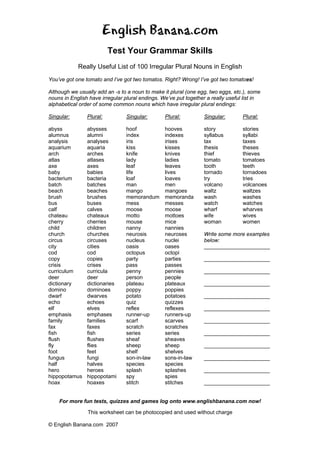 English Banana.com
Test Your Grammar Skills
Really Useful List of 100 Irregular Plural Nouns in English
You’ve got one tomato and I’ve got two tomatos. Right? Wrong! I’ve got two tomatoes!
Although we usually add an -s to a noun to make it plural (one egg, two eggs, etc.), some
nouns in English have irregular plural endings. We’ve put together a really useful list in
alphabetical order of some common nouns which have irregular plural endings:
For more fun tests, quizzes and games log onto www.englishbanana.com now!
This worksheet can be photocopied and used without charge
© English Banana.com 2007
Singular: Plural:
abyss abysses
alumnus alumni
analysis analyses
aquarium aquaria
arch arches
atlas atlases
axe axes
baby babies
bacterium bacteria
batch batches
beach beaches
brush brushes
bus buses
calf calves
chateau chateaux
cherry cherries
child children
church churches
circus circuses
city cities
cod cod
copy copies
crisis crises
curriculum curricula
deer deer
dictionary dictionaries
domino dominoes
dwarf dwarves
echo echoes
elf elves
emphasis emphases
family families
fax faxes
fish fish
flush flushes
fly flies
foot feet
fungus fungi
half halves
hero heroes
hippopotamus hippopotami
hoax hoaxes
Singular: Plural:
hoof hooves
index indexes
iris irises
kiss kisses
knife knives
lady ladies
leaf leaves
life lives
loaf loaves
man men
mango mangoes
memorandum memoranda
mess messes
moose moose
motto mottoes
mouse mice
nanny nannies
neurosis neuroses
nucleus nuclei
oasis oases
octopus octopi
party parties
pass passes
penny pennies
person people
plateau plateaux
poppy poppies
potato potatoes
quiz quizzes
reflex reflexes
runner-up runners-up
scarf scarves
scratch scratches
series series
sheaf sheaves
sheep sheep
shelf shelves
son-in-law sons-in-law
species species
splash splashes
spy spies
stitch stitches
Singular: Plural:
story stories
syllabus syllabi
tax taxes
thesis theses
thief thieves
tomato tomatoes
tooth teeth
tornado tornadoes
try tries
volcano volcanoes
waltz waltzes
wash washes
watch watches
wharf wharves
wife wives
woman women
Write some more examples
below:
______________________
______________________
______________________
______________________
______________________
______________________
______________________
______________________
______________________
______________________
______________________
______________________
 