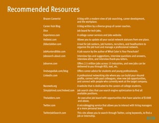 Recommended Resources
          Brazen Careerist	 blog with a modern view of job searching, career development,
                            A
                            and the workplace.
          Career Hub Blog	              A blog written by a diverse group of career coaches.
          Dice	                         Job board for tech jobs.
          Experience.com	               A college career services and jobs website.
          Hellotxt.com	                 Allows you to update all your social network statuses from one place.
          JibberJobber.com	 tool for job seekers, job hunters, recruiters, and headhunters to
                            A
                            organize the job hunt and manage a professional network.
          JobHuntersBible.com	          A job source by the author of What Color Is Your Parachute?
          Jobsearch.about.com	Interview tips and suggestions, interview questions and answers,
                               interview attire, and interview thank-you letters.
          Jobserve.com	Offers 2.5 million jobs across 15 industries, and new jobs can be
                        delivered to you through RSS, text, etc.
          lindseypollak.com/blog 	      Offers career advice for students and young professionals.
          Linkedin.com	 professional networking site where you can build your résumé
                        A
                        profile, connect with past colleagues, view new job opportunities,
                        and connect with people who currently work at the target company.
          Naceweb.org	                  A website that is dedicated to the careers of college students.
          Simplyhired.com/Indeed.com	 search sites that use search engine optimization to find all
                                      Job
                                      available positions.
          Theladders.com	               A
                                         n executive job board with opportunities that have salaries of $100K
                                        and above.
          Twitter.com	 microblogging service that allows you to interact with hiring managers
                       A
                       at a more personal level.
          TwitterJobSearch.com	This site allows you to search through Twitter, using keywords, to find a
                                job or internship.
                                                                                                          15
                                                                                                            
 