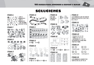 100 JUEGOS PARA APRENDER A CONTAR Y SUMAR 15
SOLUCIONES
página 6
página 9
página 14
3 + 7 = 10	 6 + 4 = 10	 4 + 6 = 10
página 21
LOS NÚMEROS QUE SE USARON
SON EL 6, EL 8, EL 4, EL 0, EL 1,
EL 2 Y EL 7.
página 23
• FLOR: 6 + 5 + 2 = 1 3
• PABLO: 4 + 3 + 2 = 9
• CATALINA: 8 + 1 + 5 = 1 4
catalina es la que más
puntos tiene.
página 15
Hay que
dibujar 13
flores.
página 10
página 7
página 8
• Hay 5
números 5.
• Hay 3
nÚmeros 3.
• hay 29 núme-
ros en total.
página 25
Los nÚmeros correctos
son el 80, el 23 y el 5.
página 11
página 13
página 16
página 19
7 + 1 = 8 2 + 4 + 2 = 8 5 + 6 = 1 1
página 12
2+3=5	3+4=7
página 24
página 20
página 22
página 18
 