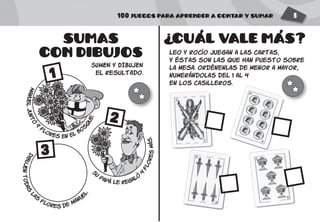 100 JUEGOS PARA APRENDER A CONTAR Y SUMAR 5
SUMAS
CON DIBUJOS
CUAL VALE MAS?
SUMEN y DIBUJEN
el resultado.
leo y rocío juegan a las cartas,
y éstas son las que han puesto sobre
la mesa. ordénenlas de menor a mayor,
numerándolas del 1 al 4
en los casilleros.
3
Manueljuntó
9
flores en el bos
que.
Su
papá le regaló
4
floresmás.
dibujentodas
l
as
flores de Manu
el.
?
1
2
' '
 