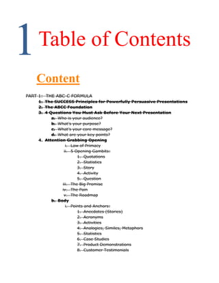 1   Table of Contents
    Content
PART 1: THE ABC-C FORMULA
    1. The SUCCESS Principles for Powerfully Persuasive Presentations
    2. The ABCC Foundation
    3. 4 Questions You Must Ask Before Your Next Presentation
          a. Who is your audience?
          b. What‘s your purpose?
          c. What‘s your core message?
          d. What are your key points?
    4. Attention Grabbing Opening
                 i. Law of Primacy
                ii. 5 Opening Gambits:
                       1. Quotations
                       2. Statistics
                       3. Story
                       4. Activity
                       5. Question
               iii. The Big Promise
               iv. The Pain
                v. The Roadmap
          b. Body
                 i. Points and Anchors:
                       1. Anecdotes (Stories)
                       2. Acronyms
                       3. Activities
                       4. Analogies, Similes, Metaphors
                       5. Statistics
                       6. Case Studies
                       7. Product Demonstrations
                       8. Customer Testimonials
 