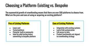 Choosing a Platform: Existing vs. Bespoke
The exponential growth of crowdfunding means that there are over 500 platforms to choose from.
What are the pros and cons of using or acquiring an existing platform?
Pros of Existing Platforms Cons of Existing Platforms
● Lower cost
● Tested platform
● Potential built-in community
● Ideal for pilot testing before
committing to bespoke platform
● Integration with existing systems
● Lack of full customization
● Full access to data
● Product functionality not aligned
to crowdfunding strategy
 