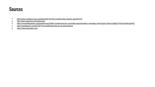 Sources
1. http://www.crowdsourcing.org/editorial/2013cf-the-crowdfunding-industry-report/25107
2. http://www.causevox.com/resources/
3. https://nonprofitquarterly.org/philanthropy/22399-crowdfunding-for-nonprofits-experimentation-mandatory.html?gclid=CP6qvuO5j8UCFWZo7AodXmgAWQ
4. http://markedpoint.com/2013/07/15/crowdfunding-the-six-success-factors/
5. https://thenounproject.com/
 