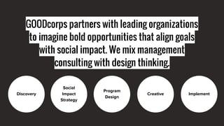 GOODcorps partners with leading organizations
to imagine bold opportunities that align goals
with social impact. We mix management
consulting with design thinking.
 