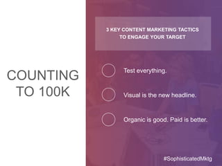 COUNTING
TO 100K
3 KEY CONTENT MARKETING TACTICS
TO ENGAGE YOUR TARGET
Test everything.
Visual is the new headline.
Organic is good. Paid is better.
#SophisticatedMktg
 