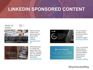 LINKEDIN SPONSORED CONTENT
Deliver the right
content to the
right people and
boost quality
leads on
LinkedIn:
http://bit.ly/1TEY
7Fl
Advertising today
is a whole new
playing field. Get
ahead in the game
with The Little Big
Book of LinkedIn
Advertising:
http://bit.ly/1hlyOlx
Tune in as industry
leaders discuss
practical insignts
on how academic
institutions can
best leverage
LinkedIn:
http://bit.ly/1BifEqw
Are you ready to
provide the first
(and best) solution
to suit your
prospects’ needs?
http://bit.ly/1BifEqw
WHAT TO
SHARE
#SophisticatedMktg
 