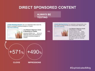 DIRECT SPONSORED CONTENT
+571%
CLICKS
+490%
IMPRESSIONS
vs.
ALWAYS BE
TESTING
#SophisticatedMktg
 