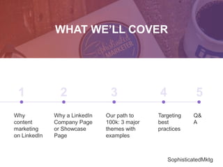 1 2 3 4 5
Why
content
marketing
on LinkedIn
Why a LinkedIn
Company Page
or Showcase
Page
Our path to
100k: 3 major
themes with
examples
Targeting
best
practices
Q&
A
WHAT WE’LL COVER
#SophisticatedMktg
 