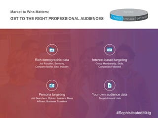 Rich demographic data
Job Function, Seniority,
Company Name, Geo, Industry
Interest-based targeting
Group Membership, Skills,
Companies Followed
Persona targeting
Job Searchers, Opinion Leaders, Mass
Affluent, Business Travelers
Your own audience data
Target Account Lists
Market to Who Matters:
GET TO THE RIGHT PROFESSIONAL AUDIENCES
#SophisticatedMktg
 