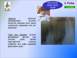 4. Proba Aparra : Askotan detergenteen isurkien ondorioz azaltzen dira, baina intsektuen aldaketek ere sor dezakete. Olio eta koipeak : Uraren gainazalean geruza bat sortzen dute, zeinek ingurugirotik uretara oxigenoa eta argia pasatzea galerazten duen. Nire jertse bezain garbi zaude 