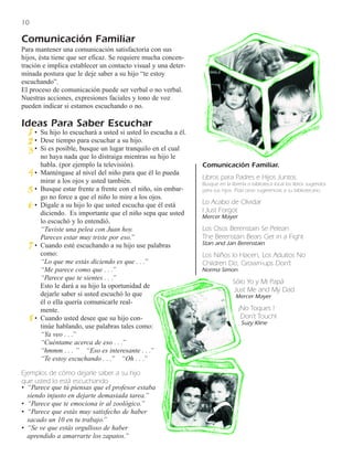 10

Comunicación Familiar
Para mantener una comunicación satisfactoria con sus
hijos, ésta tiene que ser eficaz. Se requiere mucha concen-
tración e implica establecer un contacto visual y una deter-
minada postura que le deje saber a su hijo “te estoy
escuchando”.
El proceso de comunicación puede ser verbal o no verbal.
Nuestras acciones, expresiones faciales y tono de voz
pueden indicar si estamos escuchando o no.

Ideas Para Saber Escuchar
     • Su hijo lo escuchará a usted si usted lo escucha a él.
     • Dese tiempo para escuchar a su hijo.
     • Si es posible, busque un lugar tranquilo en el cual
       no haya nada que lo distraiga mientras su hijo le
       habla. (por ejemplo la televisión).                      Comunicación Familiar.
     • Manténgase al nivel del niño para que él lo pueda
                                                                Libros para Padres e Hijos Juntos.
       mirar a los ojos y usted también.                        Busque en la librería o biblioteca local los libros sugeridos
     • Busque estar frente a frente con el niño, sin embar-     para sus hijos. Pida otras sugerencias a su bibliotecario.
       go no force a que el niño lo mire a los ojos.
     • Dígale a su hijo lo que usted escucha que él está        Lo Acabo de Olvidar
       diciendo. Es importante que el niño sepa que usted       I Just Forgot
                                                                Mercer Mayer
       lo escuchó y lo entendió.
       “Tuviste una pelea con Juan hoy.                         Los Osos Berenstain Se Pelean
       Pareces estar muy triste por eso.”                       The Berenstain Bears Get in a Fight
     • Cuando esté escuchando a su hijo use palabras            Stan and Jan Berenstain
       como:                                                    Los Niños lo Hacen, Los Adultos No
       “Lo que me estás diciendo es que . . .”                  Children Do, Grown-ups Don’t
       “Me parece como que . . .”                               Norma Simon
       “Parece que te sientes . . .”
                                                                               Sólo Yo y Mi Papá
       Esto le dará a su hijo la oportunidad de
                                                                                Just Me and My Dad
       dejarle saber si usted escuchó lo que                                    Mercer Mayer
       él o ella quería comunicarle real-
       mente.                                                                    ¡No Toques !
     • Cuando usted desee que su hijo con-                                        Don’t Touch!
                                                                                   Suzy Kline
       tinúe hablando, use palabras tales como:
       “Ya veo . . .”
       “Cuéntame acerca de eso . . .”
       “hmmm . . . ” “Eso es interesante . . .”
       “Te estoy escuchando . . .” “Oh . . .”

Ejemplos de cómo dejarle saber a su hijo
que usted lo está escuchando . . .
• “Parece que tú piensas que el profesor estaba
  siendo injusto en dejarte demasiada tarea.”
• “Parece que te emociona ir al zoológico.”
• “Parece que estás muy satisfecho de haber
  sacado un 10 en tu trabajo.”
• “Se ve que estás orgulloso de haber
  aprendido a amarrarte los zapatos.”
 
