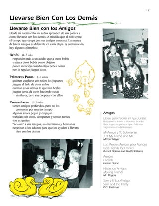 17

Llevarse Bien Con Los Demás
Llevarse Bien con los Amigos
Desde su nacimiento los niños aprenden de sus padres a
como llevarse con los demás. A medida que el niño crece,
el tiempo que ocupa con sus amigos aumenta. La manera
de hacer amigos es diferente en cada etapa. A continuación
hay algunos ejemplos:

Bebés     0–1 año
  responden más a un adulto que a otros bebés
  tratan a otros bebés como objetos
  ponen atención cuando otros bebés lloran
  por lo regular juegan solos

Primeros Pasos 1–3 años
  quieren quedarse con todos los juguetes
  juegan al lado de otros niños
  cuentan a los demás lo que han hecho
  juegan cerca de otros haciendo cosas
     similares, pero sin cooperar con ellos

Preescolares 3–5 años
  tienen amigos preferidos, pero no los
     conservan por mucho tiempo
  algunas veces pegan y empujan                              Amigos
  trabajan con otros, comparten y toman turnos               Libros para Padres e Hijos Juntos.
  son exigentes                                              Busque en la librería o biblioteca local los
  “acusan” a sus amigos, sus hermanos y hermanas             libros sugeridos para sus hijos. Pida otras
  necesitan a los adultos para que los ayuden a llevarse     sugerencias a su bibliotecario.
     bien con los demás                                      Mi Amigo y Yo Solamente
                                                             Just My Friend and Me
                                                             Mercer Mayer

                                                             Los Mejores Amigos para Frances
                                                             Best Friends for Frances
                                                             Russell Hoban and Garth Williams

                                                             Amigos
                                                             Friends
                                                             Helme Heine

                                                             Haciendo Amigos
                                                             Making Friends
                                                             Mr. Rogers

                                                             Sam y la Luciérnaga
                                                             Sam and the Firefly
                                                             P.D. Eastman
 