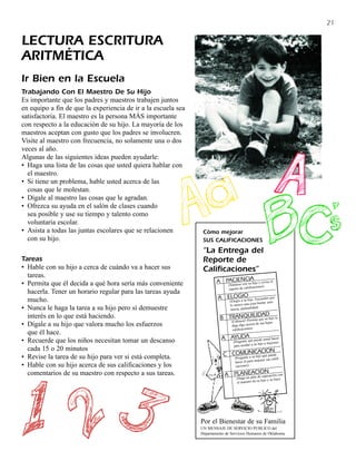 21

LECTURA ESCRITURA
ARITMÉTICA
Ir Bien en la Escuela
Trabajando Con El Maestro De Su Hijo
Es importante que los padres y maestros trabajen juntos
en equipo a fin de que la experiencia de ir a la escuela sea
satisfactoria. El maestro es la persona MÁS importante
con respecto a la educación de su hijo. La mayoría de los
maestros aceptan con gusto que los padres se involucren.
Visite al maestro con frecuencia, no solamente una o dos
veces al año.
Algunas de las siguientes ideas pueden ayudarle:
• Haga una lista de las cosas que usted quiera hablar con
  el maestro.
• Si tiene un problema, hable usted acerca de las
  cosas que le molestan.
• Dígale al maestro las cosas que le agradan.
• Ofrezca su ayuda en el salón de clases cuando
  sea posible y use su tiempo y talento como
  voluntaria escolar.
• Asista a todas las juntas escolares que se relacionen         Cómo mejorar
  con su hijo.                                                  SUS CALIFICACIONES
                                                                “La Entrega del
Tareas                                                          Reporte de
• Hable con su hijo a cerca de cuándo va a hacer sus            Calificaciones”
  tareas.                                                                             IA
• Permita que él decida a qué hora sería más conveniente               A PACIENCsu hijo y revise el
                                                                           éntese con
                                                                             (Si
                                                                                               aciones)
                                                                             reporte de calific
  hacerla. Tener un horario regular para las tareas ayuda
  mucho.                                                                A ELOie aIOhijo. Encuentre por
                                                                            og
                                                                               G
                                                                                  su
                                                                              (El
                                                                                                a buena: asis-
                                                                              lo menos una cos )
• Nunca le haga la tarea a su hijo pero sí demuestre                           tencia, puntuali
                                                                                               dad

  interés en lo que está haciendo.                                                   UILIDAD
                                                                         B TRANQPermita que su hijo le
                                                                             álmese!
                                                                               (C
• Dígale a su hijo que valora mucho los esfuerzos                                               de sus bajas
                                                                               diga algo acerca
                                                                                calificaciones)
  que él hace.
• Recuerde que los niños necesitan tomar un descanso                      A AYUDA é puede usted hacer
                                                                              egunte qu
                                                                                (Pr
                                                                                                 hijo a mejorar)
                                                                                para ayudar a su
  cada 15 o 20 minutos
                                                                               MU hij CIONA
                                                                          C COegunte NIC o qué puede
• Revise la tarea de su hijo para ver si está completa.                          (Pr a su
                                                                                                 jorar sus califi-
                                                                                 hacer él para me
• Hable con su hijo acerca de sus calificaciones y los                            caciones)
                                                                                           ION
  comentarios de su maestro con respecto a sus tareas.                     A PLANEACde superación con
                                                                               aga un plan
                                                                                  (H
                                                                                                   hijo y su hijo)
                                                                                  el maestro de su




                                                               Por el Bienestar de su Familia
                                                               UN MENSAJE DE SERVICIO PUBLICO del
                                                               Departamento de Servicios Humanos de Oklahoma
 