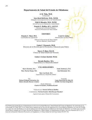 24

                                 Departamento de Salud del Estado de Oklahoma
                                                              J. R. Nida, M.D.
                                                                   Comisionado
                                                  Sara Reed DePersio, M.D., M.P.H.
                                              Delegada Comisionada del Servicio de Salud Personal
                                                     Edd D. Rhoades, M.D., M.P.H.
                                                 Jefe del Servicio de Orientación y Salud Infantil
                                                   Pamela G. Rollins, R.N., A.R.N.P.
                                                      Directora de La División Pediátrica
                                                    Oficina de Prevención del Abuso Infantil


                                                                 EDITORES
                            Pamela C. Marr, M.S.                                                  Carol S. Gehue
                           Coordinadora de Capacitación                                   Administradora de Salud Pública
                                                    Officina de Prevención del Abuso Infantil
                                                        Servicio Maternal y Salud Infantil


                                                   Linda C. Passmark, Ph.D.
                               Directora de la División para la Prevención y Educación para Padres

                                                        Sherry P. Blazi, M.S.W.
                                                  Clínica de Salud Infantil del Noroeste

                                                    Linda J. Grimes Kuehnl, M.Ed.

                                                        Brenda Butchee, M.S.
                                                  Especialista en el Desarrollo Infantil

                                                           COLABORADORES
                              Sherre Davidson, M.S.                                             Emily Stottlemyre, M.S.
                            Mary Martin-Tharpe, M.S.                                             Kim Hufschmid, M.S.
                                                            Mary Lou Purdy, M.S.
                                                       Especialista en el Desarrollo Infantil


                                      Arte                                                         Fotografía
                        Michael Williams Enterprises, Inc.                                 Lanny David and Pat Allen III
                        Delores Droutil, Director Artístico                                OUHSC Servicios Fotográficos
                                                             Diseño Publicitario
                                                    Charles M. Kuehnl y Pendleton Kroutil


                                                  Traducción por: Patricia DeMoraes-Huffine
                                          Contribuidores: Patricia Fennell y Ruth Barajas-Mazaheri
                                                 Agencia Latina para el Desarrollo Comunitario




Esta Publicación producida por el Departamento de Servicios de Salud Maternal y Salud Infantil del Estado de Oklahoma, fue autorizada por la
comisionada J.R. Nida, M.D., 9,163 copias fueron impresas por los Servicios de Impresión de la Universidad de Oklahoma a un costo de $14,000.
Las copias han sido distribuídas en la casa de publicaciones del Departamento de Bibliotecas del Estado de Oklahoma. Los fondos para esta publi-
cación fueron otorgados por el Centro Nacional de Negligencia y Abuso Infantil. El Departamento de Salud y Servicios Humanos de E.U.A., a
través de la Donación Federal de Prevención a la Negligencia y el Abuso Infantil del año fiscal federal 94 (FFY 94).
 