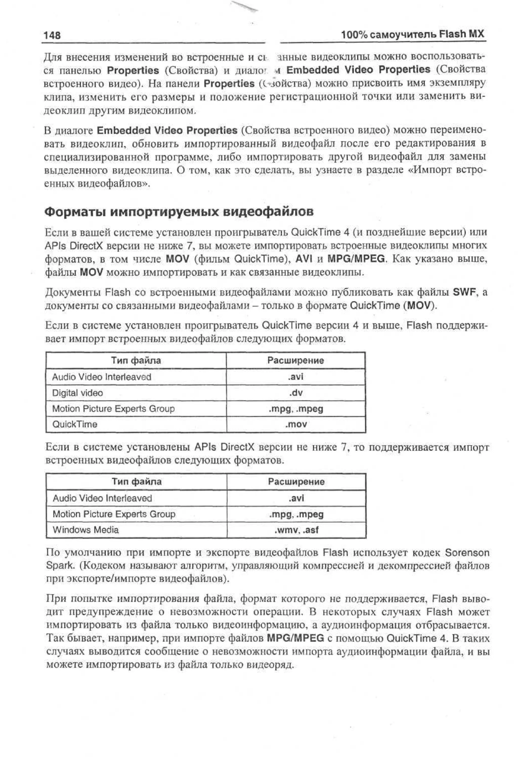 100% самоучитель Flash MX

148

Для внесения изменений во встроенные и ci анные видеоклипы можно воспользоваться панелью Properties (Свойства) и диалог -л Embedded Video Properties (Свойства
встроенного видео). На панели Properties (С^зойства) можно присвоить имя экземпляру
клипа, изменить его размеры и положение регистрационной точки или заменить видеоклип другим видеоклипом.
В диалоге Embedded Video Properties (Свойства встроенного видео) можно переименовать видеоклип, обновить импортированный видеофайл после его редактирования в
специализированной программе, либо импортировать другой видеофайл для замены
выделенного видеоклипа. О том, как это сделать, вы узнаете в разделе «Импорт встроенных видеофайлов».

Форматы импортируемых видеофайлов
Если в вашей системе установлен проигрыватель QuickTime 4 (и позднейшие версии) или
APIs DirectX версии не ниже 7, вы можете импортировать встроенные видеоклипы многих
форматов, в том числе MOV (фильм QuickTime), AVI и MPG/MPEG. Как указано выше,
файлы MOV можно импортировать и как связанные видеоклипы.
Документы Flash со встроенными видеофайлами можно публиковать как файлы SWF, a
документы со связанными видеофайлами - только в формате QuickTime (MOV).
Если в системе установлен проигрыватель QuickTime версии 4 и выше, Flash поддерживает импорт встроенных видеофайлов следующих форматов.
Тип файла

Audio Video Interleaved
Digital video
Motion Picture Experts Group
QuickTime

Расширение
.avi
.dv
.mpg, .mpeg
.mov

Если в системе установлены APIs DirectX версии не ниже 7, то поддерживается импорт
встроенных видеофайлов следующих форматов.
Тип файла
Audio Video Interleaved
Motion Picture Experts Group
Windows Media

Расширение
.avi
.mpg, .mpeg
.wmv, .asf

По умолчанию при импорте и экспорте видеофайлов Flash использует кодек Sorenson
Spark. (Кодеком называют алгоритм, управляющий компрессией и декомпрессией файлов
при экспорте/импорте видеофайлов).
При попытке импортирования файла, формат которого не поддерживается, Flash выводит предупреждение о невозможности операции. В некоторых случаях Flash может
импортировать из файла только видеоинформацию, а аудиоинформация отбрасывается.
Так бывает, например, при импорте файлов MPG/MPEG с помощью QuickTime 4. В таких
случаях выводится сообщение о невозможности импорта аудиоинформации файла, и вы
можете импортировать из файла только видеоряд.

 