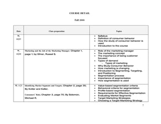 COURSE DETAIL

                                                            Fall 2008



 Date                             Class preparation                                         Topics

  M,                                                                     •   Syllabus
 10/27                                                                   •   Definition of consumer behavior
                                                                         •   How the study of consumer behavior is
                                                                             used
                                                                         •   Introduction to the course

  W,      Marketing and the Job of the Marketing Manager; Chapter 1,     •   Role of the marketing manager
 10/29    page 1; by Winer, Russel S.                                    •   The marketing concept
                                                                         •   The importance of being customer
                                                                             focused
                                                                         •   Types of demand
                                                                                 o Types of marketing
                                                                         •   Why Study Consumer Behavior
                                                                         •   How marketing is changing
                                                                         •   Introduction to Segmenting, Targeting,
                                                                             and Positioning
                                                                         •   Segmentation process
                                                                         •   Importance of segmentation
                                                                         •   How segmentation is used

M, 11/3   Identifying Market Segments and Targets; Chapter 2, page 35;   •   Value-based segmentation criteria
          By Kotler and Keller.                                          •   Behavioral criteria for segmentation
                                                                         •   Profile-based segmentation
                                                                         •   Requirements for Effective Segmentation
          Consumers’ Rule; Chapter 3, page 70; By Solomon,               •   Evaluating Market Segments
          Michael R.                                                     •   Target Marketing Strategies
                                                                         •   Choosing a Target-Marketing Strategy

                                                                                                                      7
 